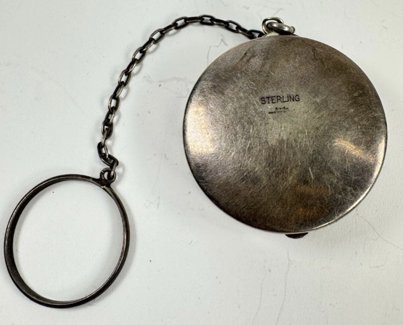 Antique Hand Hammered Sterling Silver Chatelaine Pill Box 4” Chain & Ring c1920s