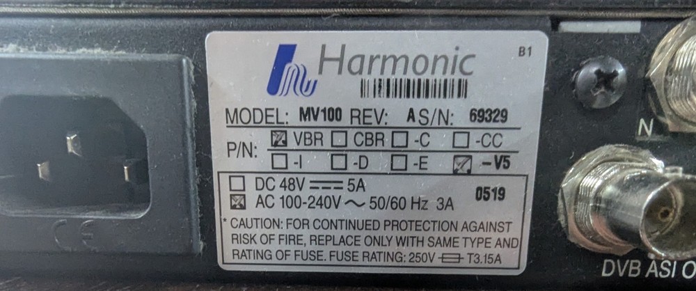 Harmonic DiviCom MV100 MPEG-2 Encoder ASI Broadcast Unit – Powers On / Fault Lig