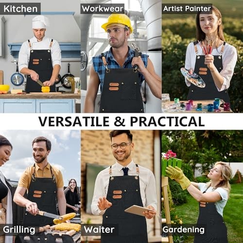 Plus Size Canvas Aprons, Kitchen Chef Aprons, Unisex Heavy Duty Work Black