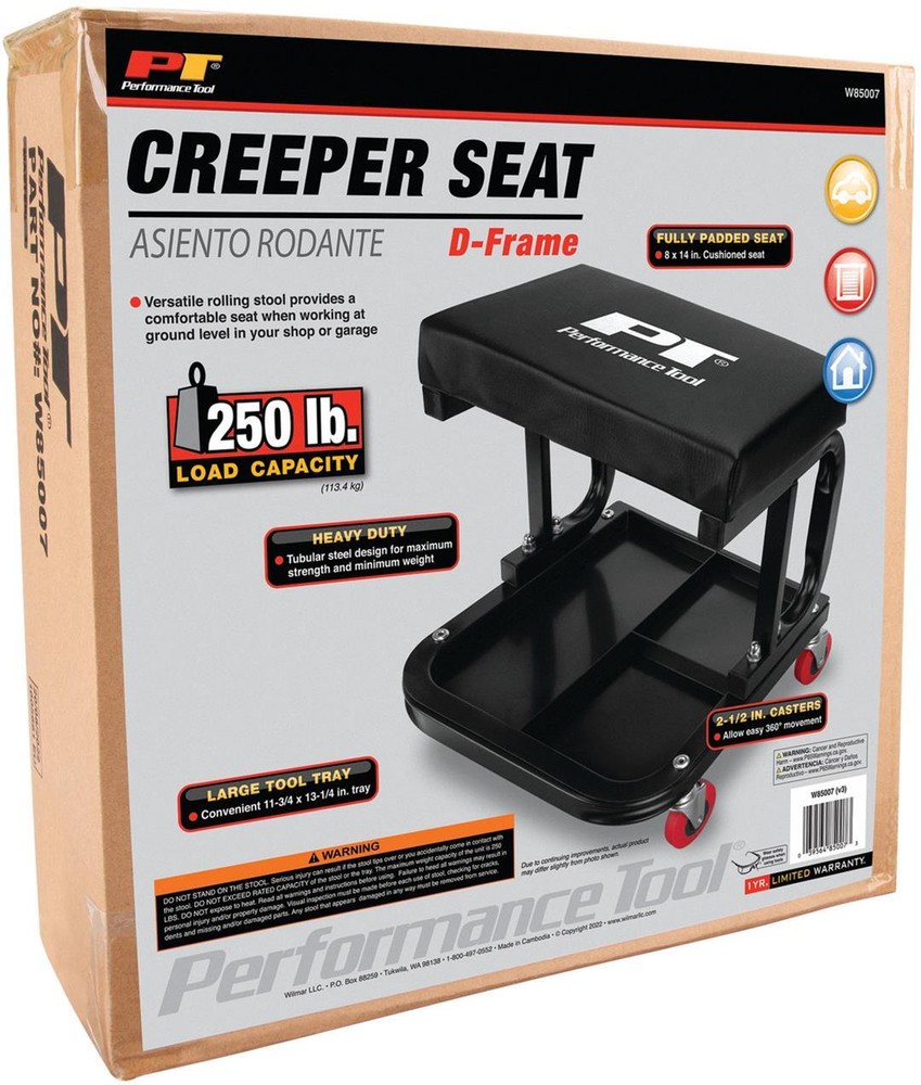 Performance Tool W85007 Mechanic Stool C-Frame 250 Pound Weight Capacity Black