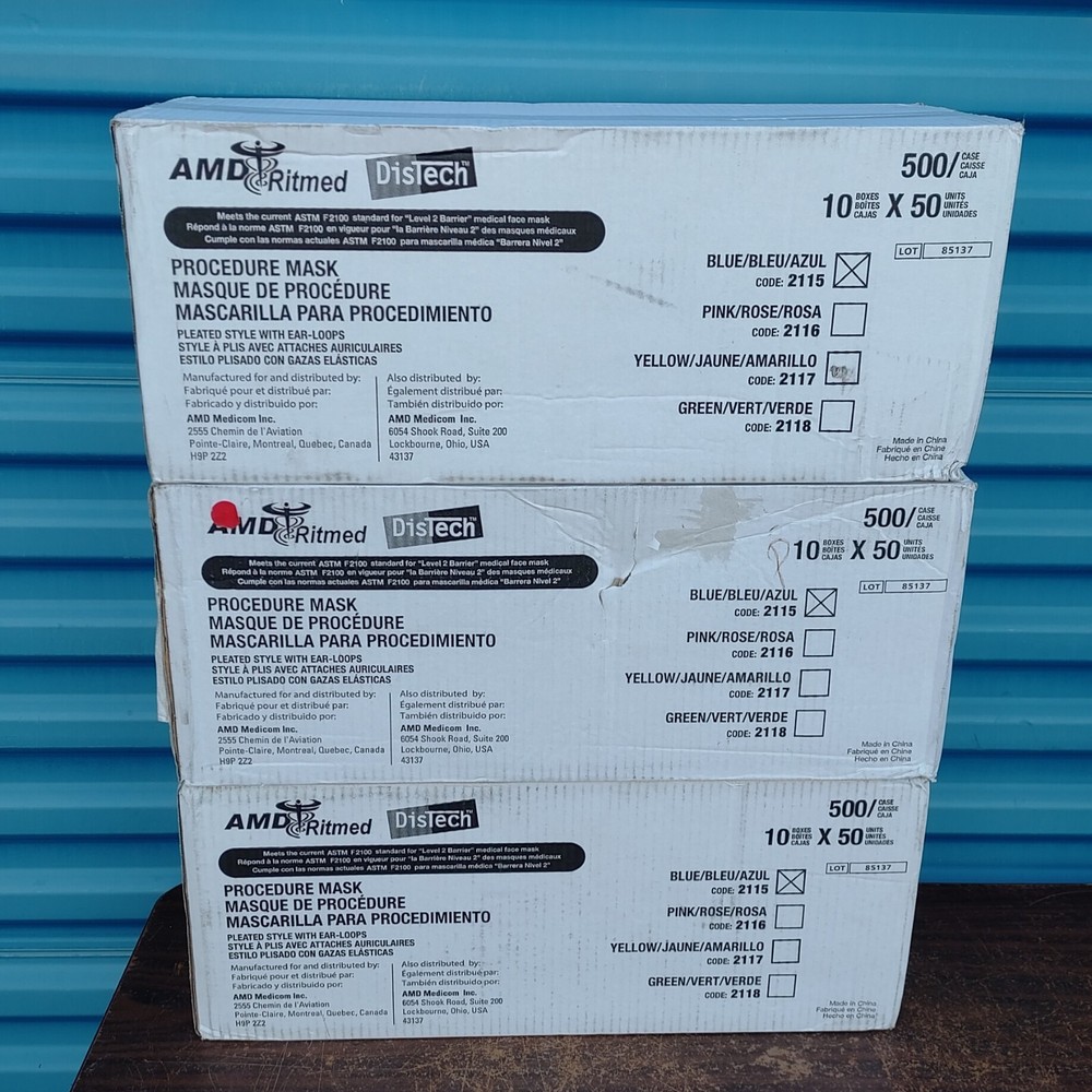 (1) Box 500 Masks AMD Ritmed 2115 Distech Earloop Facemasks ASTM Level 2 Blue
