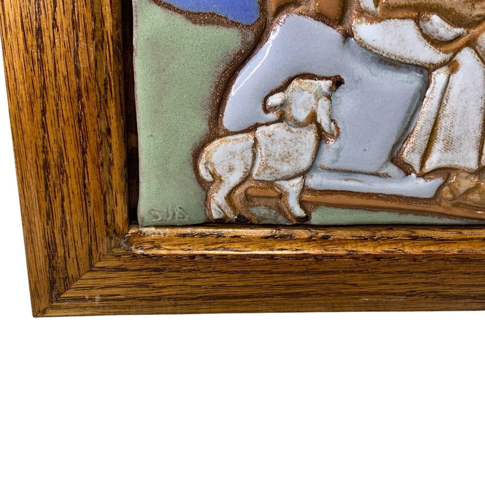 Shepherd Sheep 09 Signed Handmade Hand-Painted Ceramic Glazed Tile