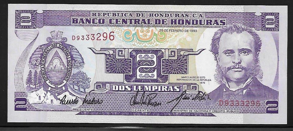 Honduras P-72 2 Lempiras 1993 Unc