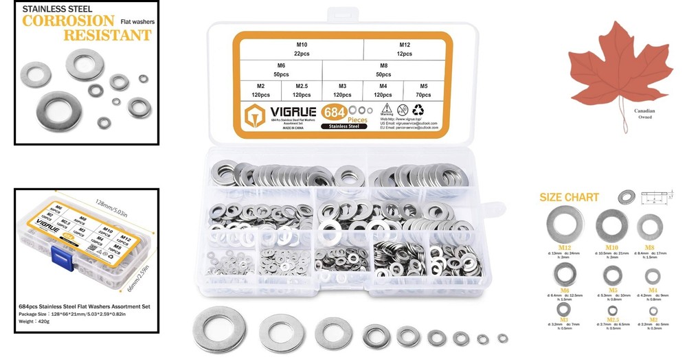 Assorted Flat Washer Hardware Set - 684pcs, 9 Sizes M2-M12, Rust Resistant