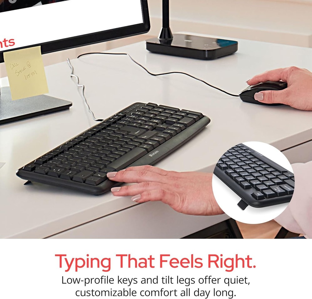 Comfortable Wired Keyboard with Adjustable Legs & Ambidextrous Mouse - Black