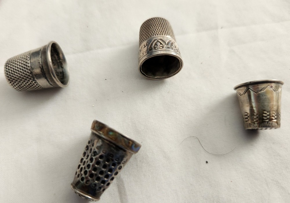 4 VICTORIAN STERLING THIMBLES ONE W, ABALONE SHELL