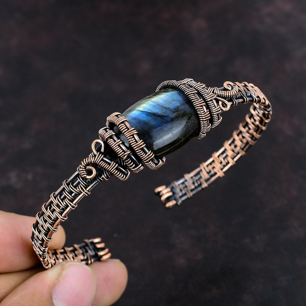 Gift For Her Natural Labradorite Bangle Wire Wrapped Adjustable Unknown Copper