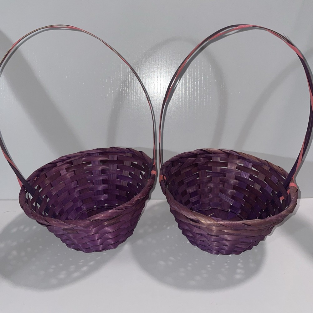 F80 2 Vintage Purple Pink Woven Easter Baskets Handles Round Egg Hunt Ready