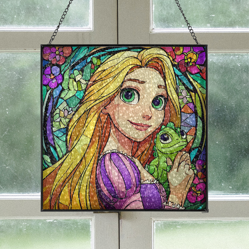 Rapunzel and Pascal Square Stained Glass Suncatcher, Rapunzel Window Hanging