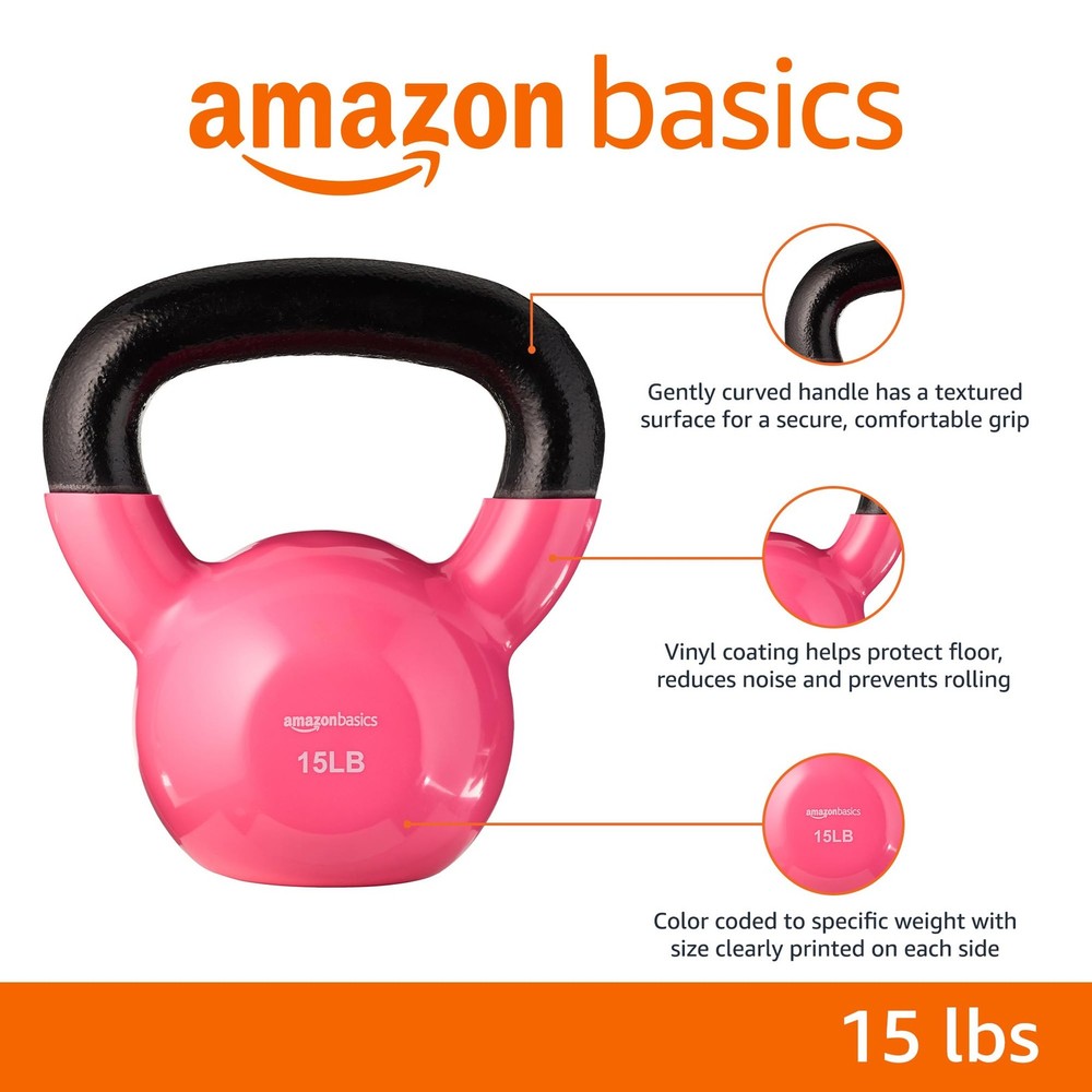 Basics Vinyl Kettlebell, 15 pound, Pink