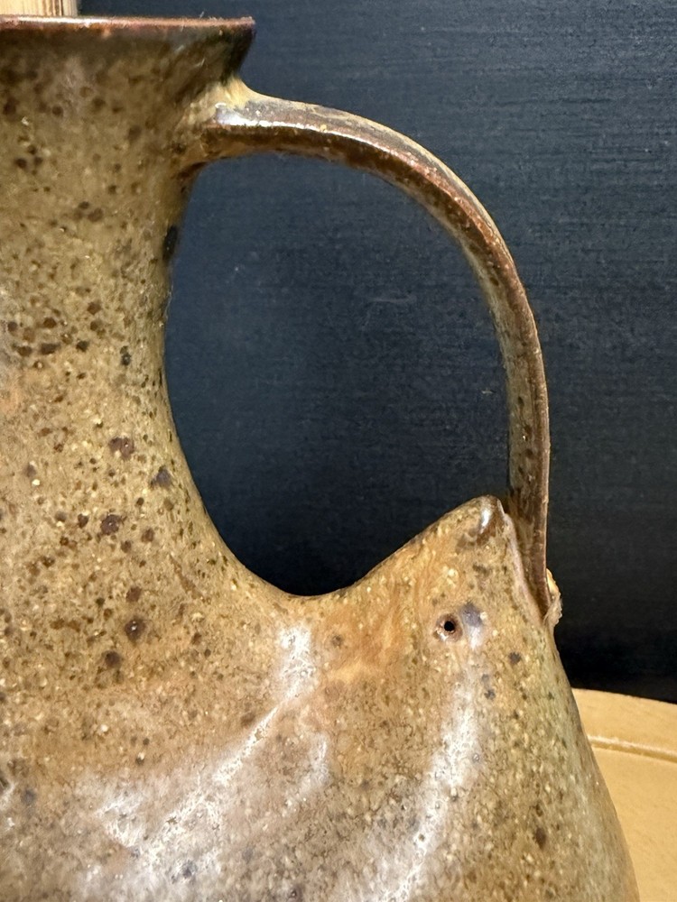 Handcrafted Brown/Beige Speckled Art Pottery Pitcher W/pulled Handle