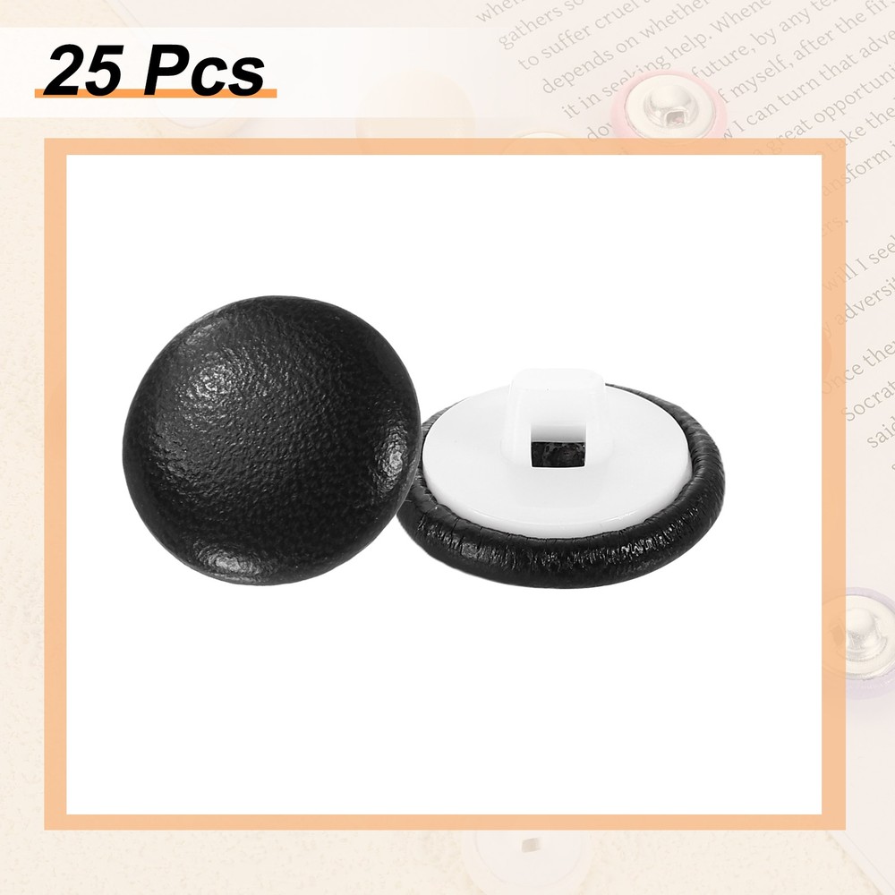 25pcs PU Leather Covered Button 15mm Plastic Shank Round Button, Black