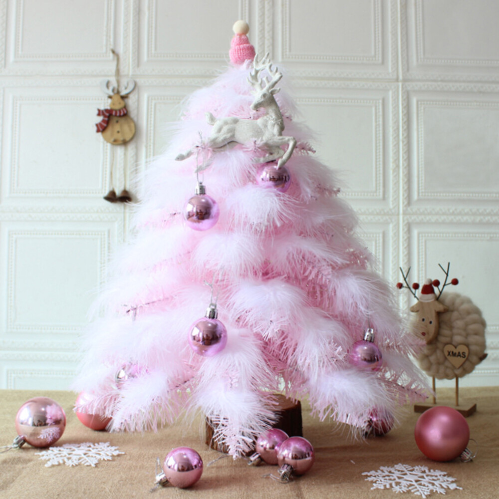 Artificial Mini Christmas Tree Feather with Light Ornaments Home Tabletop Decor