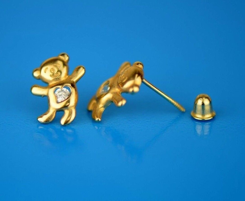14k Yellow Gold CZ Bear Stud Earrings