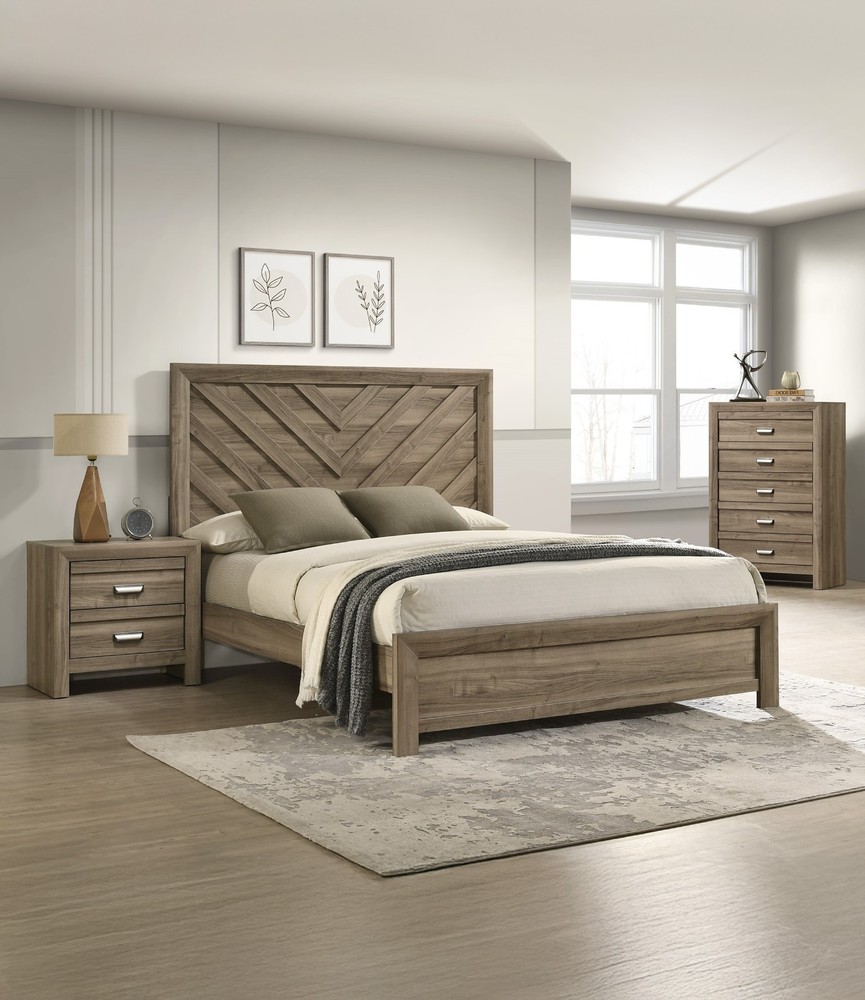 3pc Light Brown King Chevron-pattern Panel Bed Chest Nightstand Bedroom Set