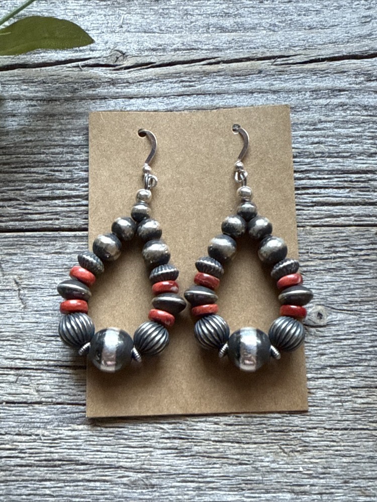 Sterling Silver Red Spiny Oyster Shell W Pearls Bead Loop Earrings. 2.4 Inch