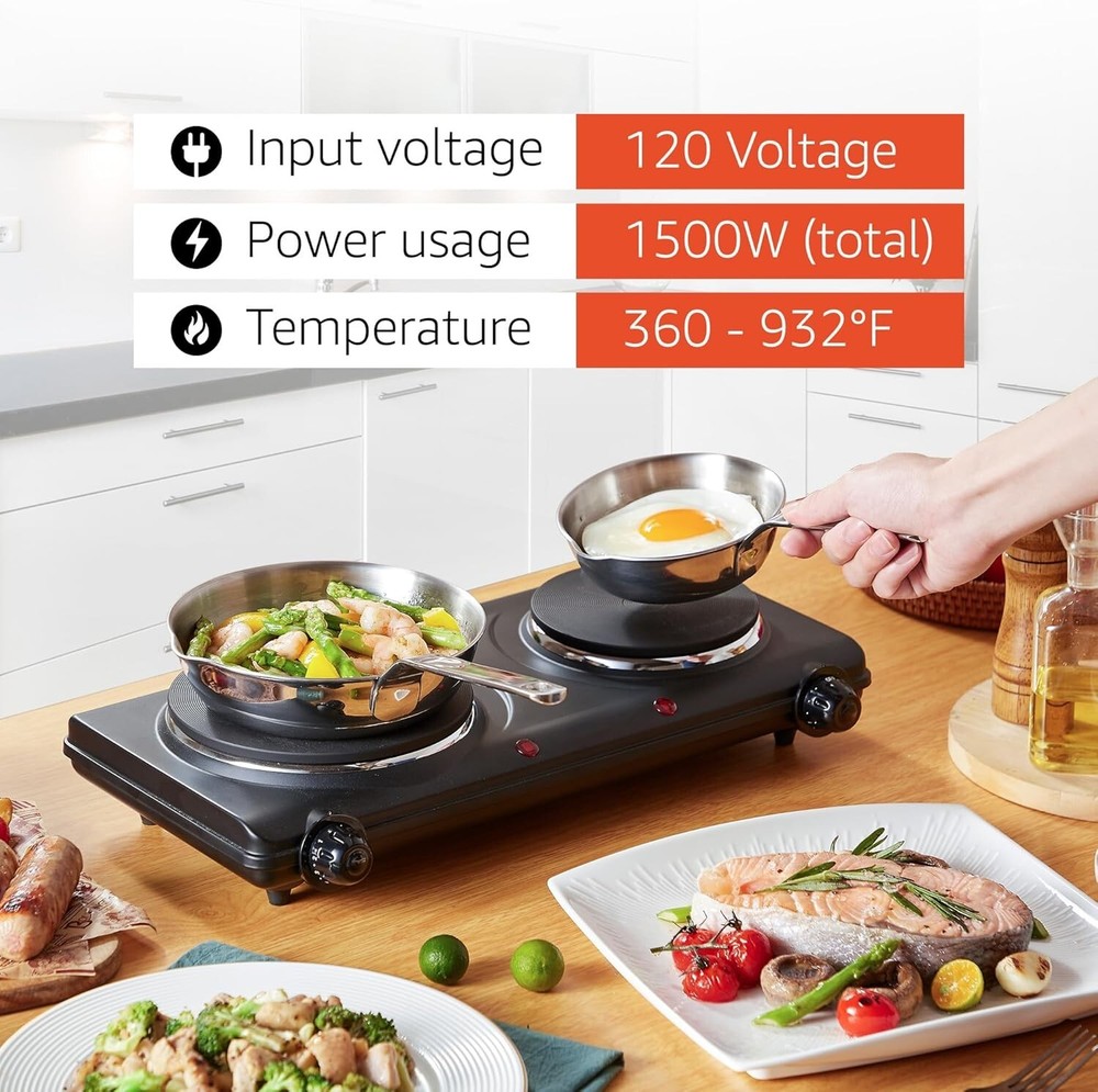 Compact Double Cast Iron Hot Plate - 1500 Watts with Easy Temperature Control