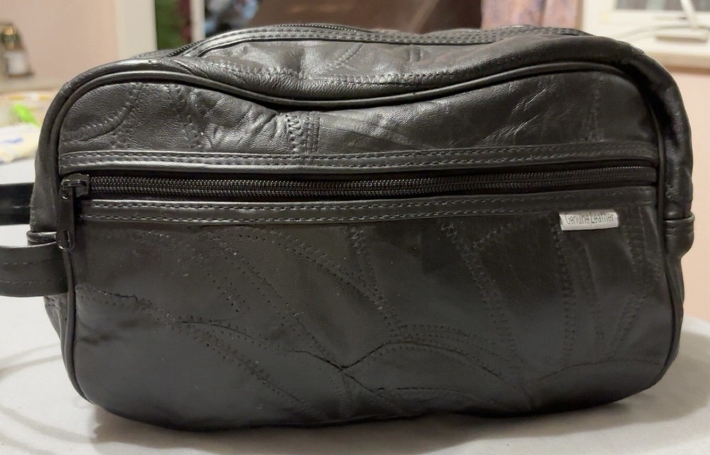 Black Patchwork Toiletry Travel Bag Retro Style Soft Leather
