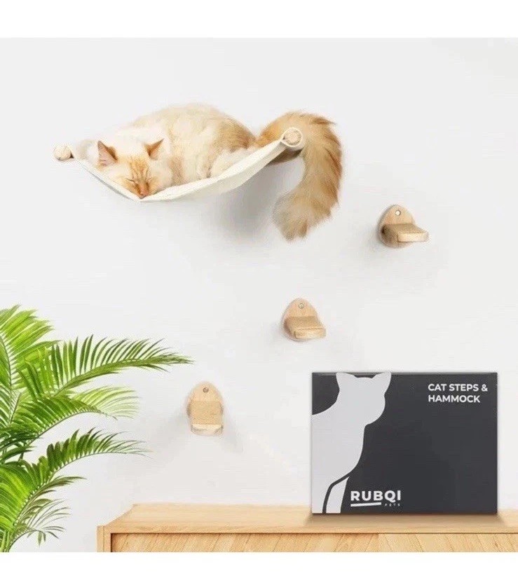 RUBQI PETS, Cat Steps & Hammock with 3 Steps, Parisian Script Print