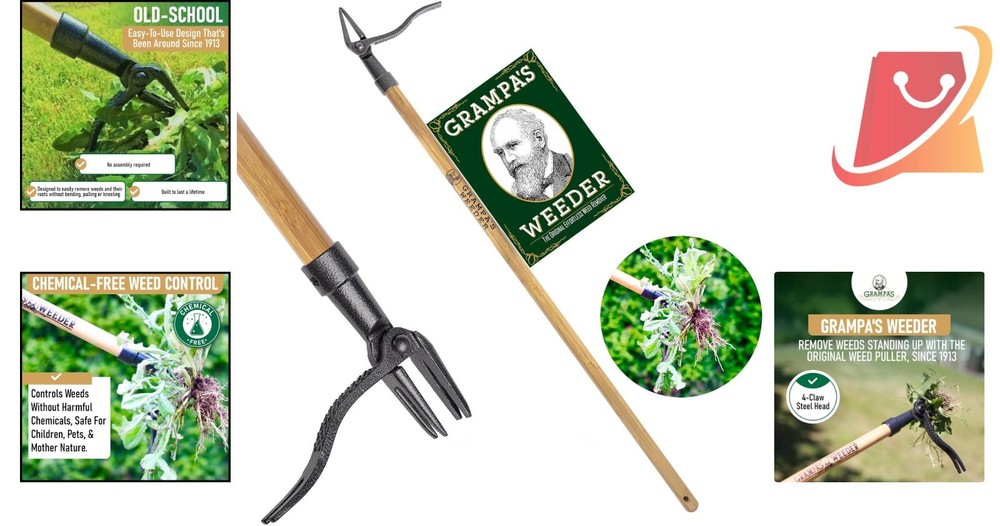 Stand Up Weed Puller Tool Bamboo 45" Long Handle 4-Claw Easy Weeding Durable