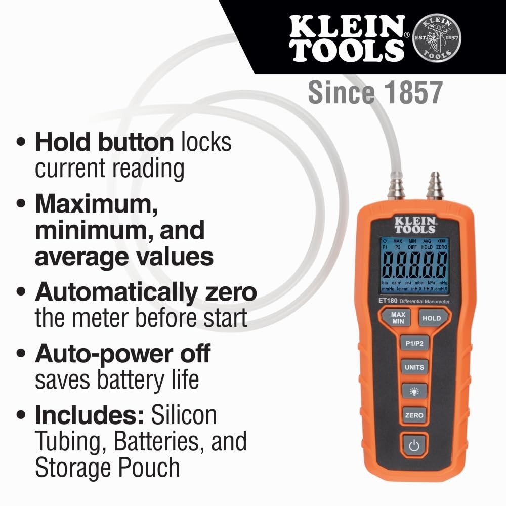 Compact Differential Digital Manometer - Large Backlit Display for Easy Readings