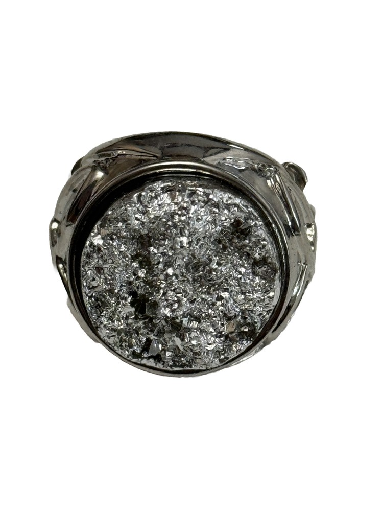 CHUNKY Silver Acrylic Cocktail RING Stretch Silver Tone With Lg
