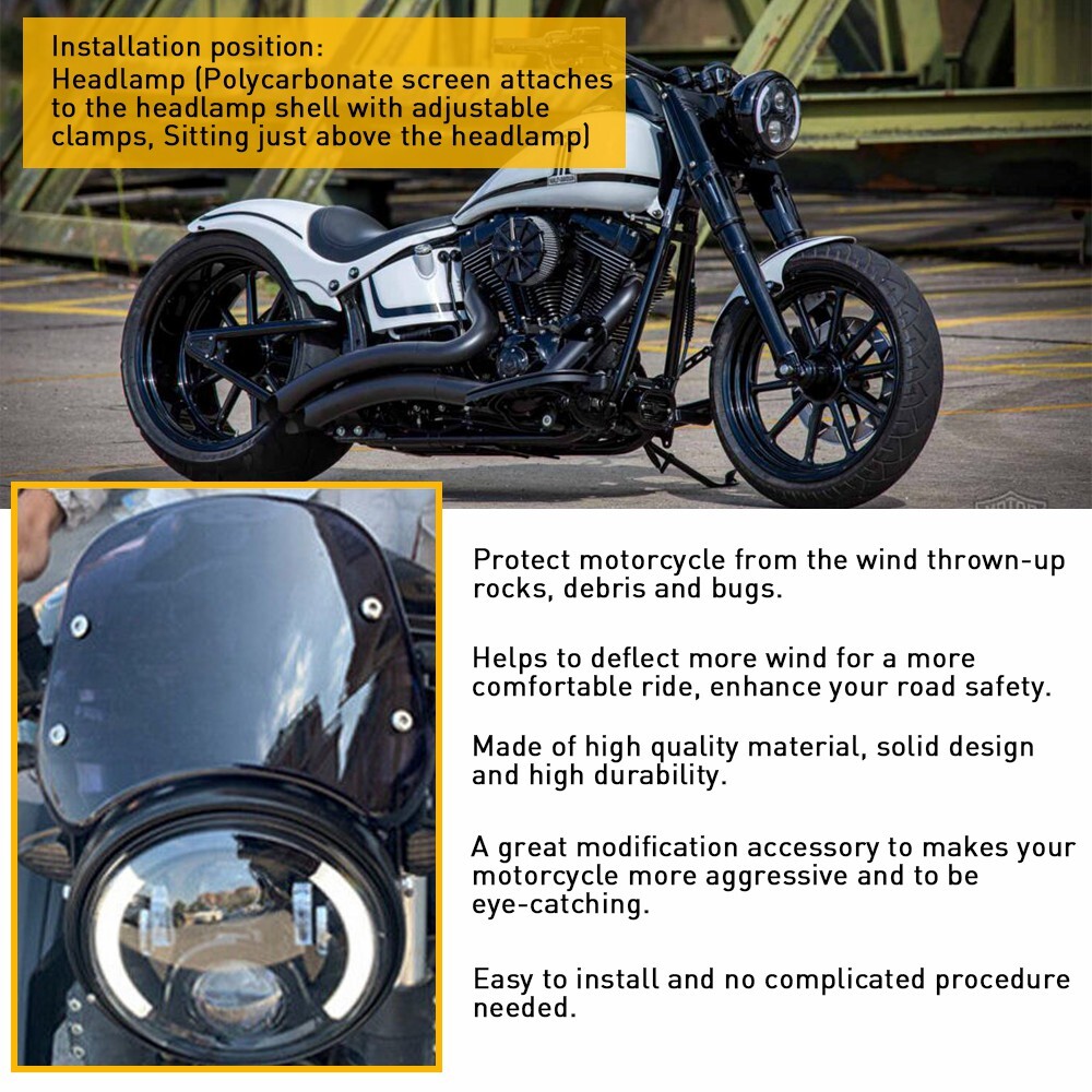 Motorcycle Windshield Front Universal Flyscreen Windscreen w/Mount Bracket 5"-7"