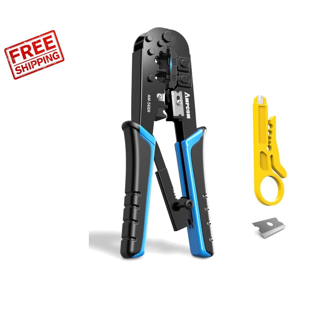 Professional RJ45 Crimping Tool with Ergonomic Grip & Extra Mini Wire Stripper