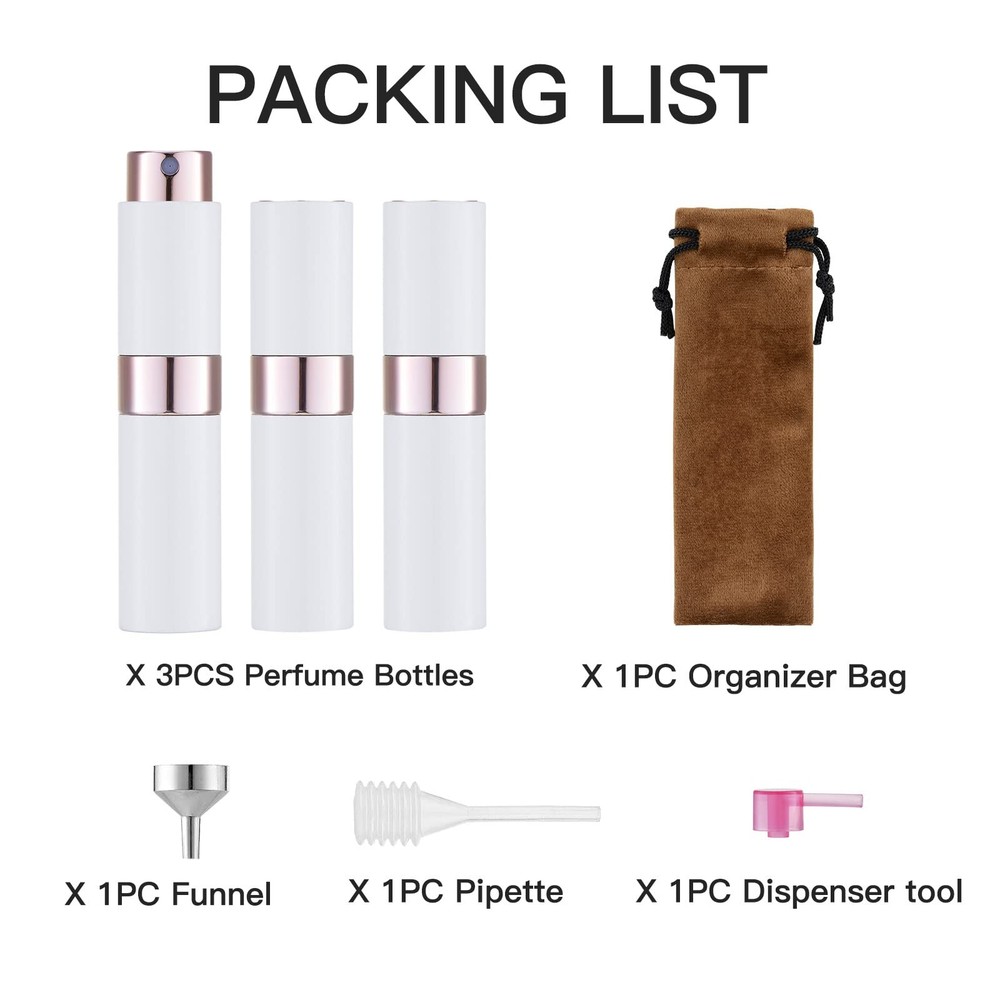 LISAPACK 8ml Travel Portable Empty Perfume Atomizer Spray Bottles 3Pack White