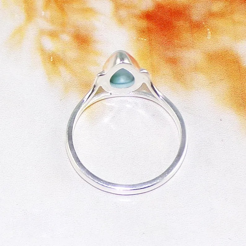 Solid 925Sterling Silver Natural Larimar Pear Blue Gemstone Handmade Womens Ring