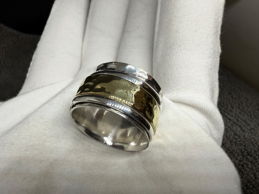 Solid 925 Sterling Silver with Brass Two Tone Fidget Spinner Worry Handmade Ring