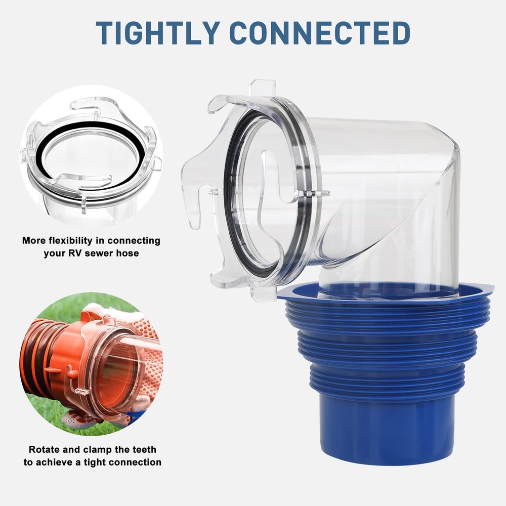 90° Clear RV Sewer Hose Elbow w/ 4-in-1 Fittings Adapter for 3" Campers Travel