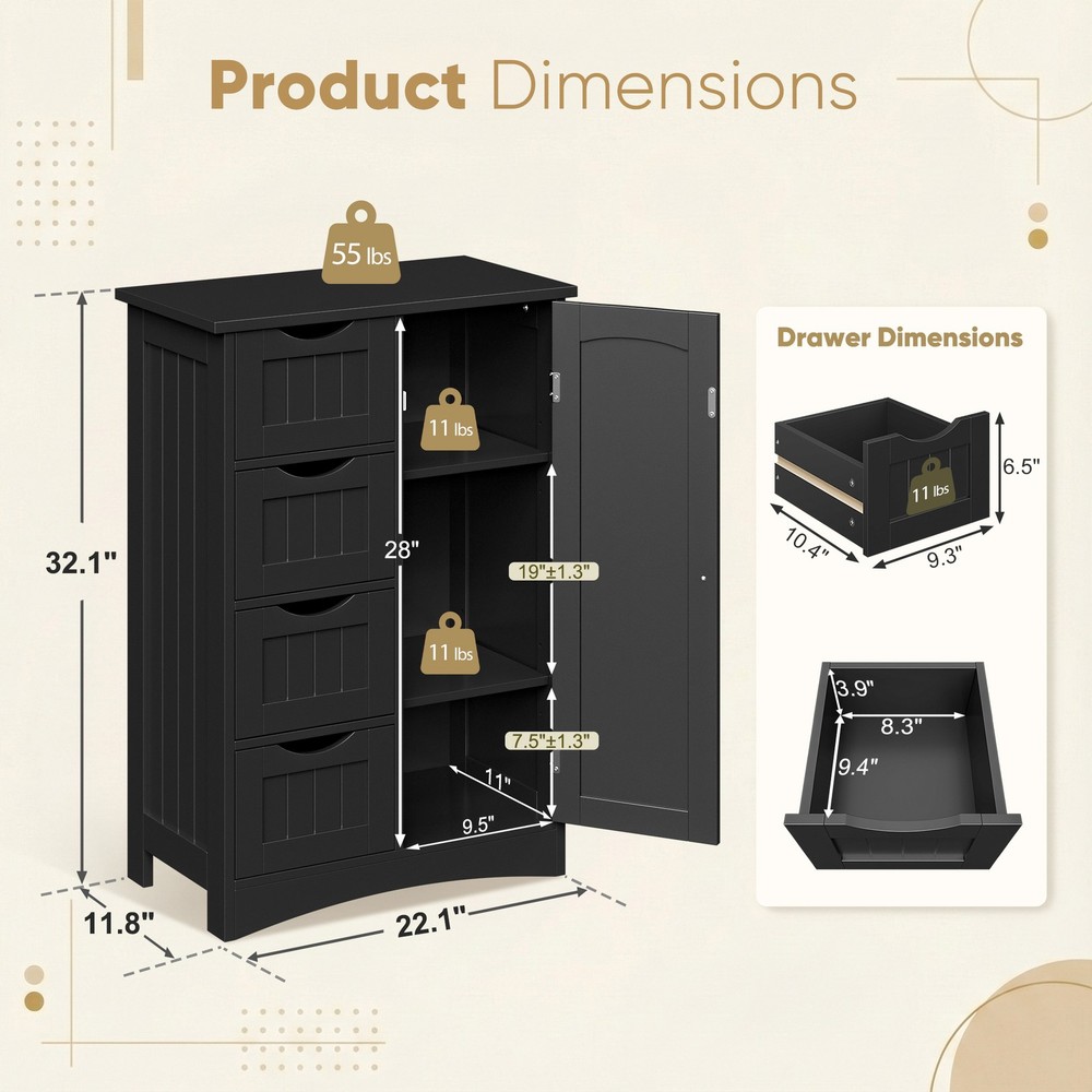 Black Bathroom Storage Cabinet with Adjustable Shelf Floor Storage Cupboard