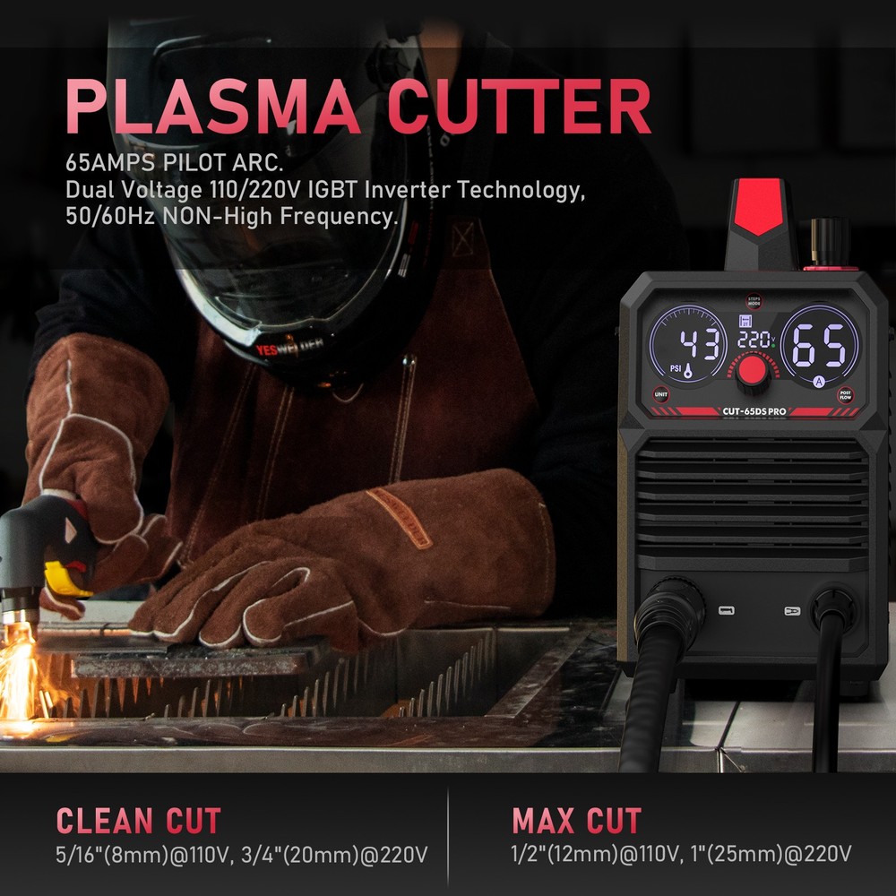 Plasma Cutter 65Amp with Digital Display, Blowback Start, 110V/220V Dual Voltage