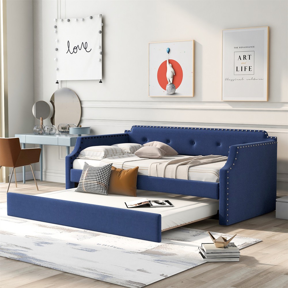 Twin Size Daybed w/ Pull-Out Trundle Bed Upholstered Bed Frame Sofa Bed Blue