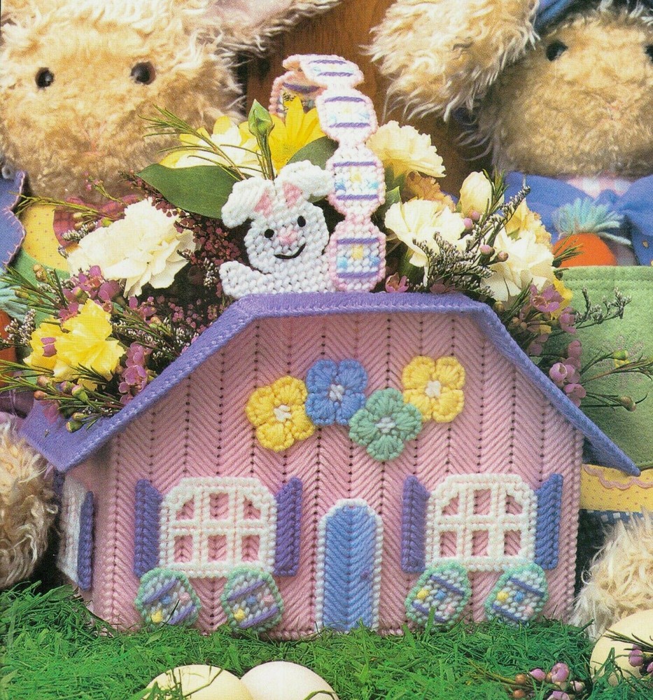 BUNNY CHALET EASTER BASKET PLASTIC CANVAS PATTERN INSTRUCTIONS