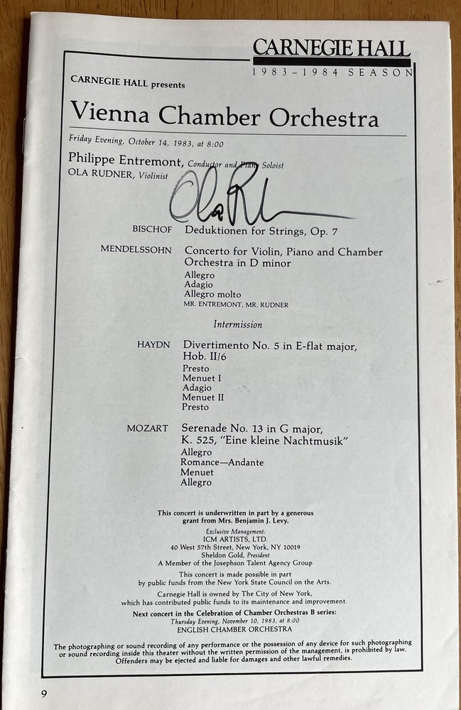 Violinist Ola Rudner Autographed  Program