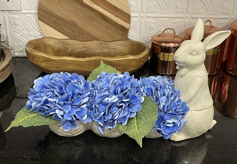 Easter Centerpiece with Real Touch Hydrangeas, Antiqued Ivory Color Ceramic