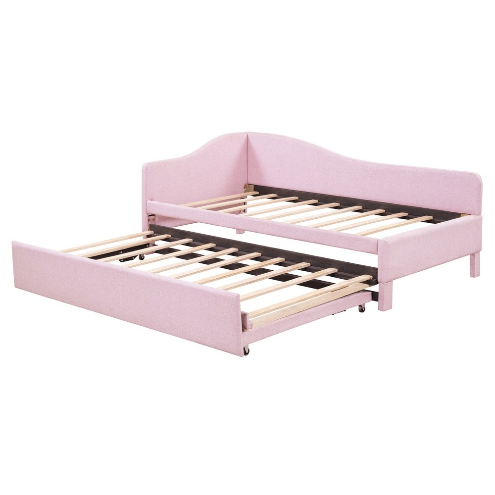 Twin Size Daybed Linen Upholstered Bed Frame Sofa Bed w/ Pull Out Trundle Bed
