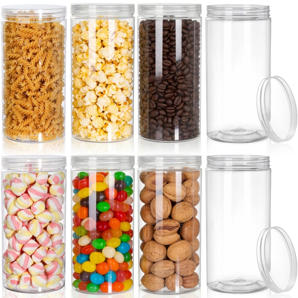 8 Pack Clear Plastic Jars with Lid, 46 OZ Round Candy Storage Jars, Empty Lar...