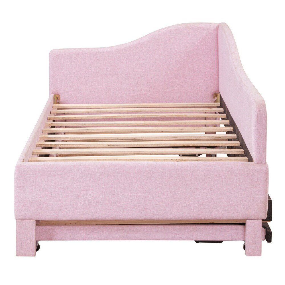 Twin Size Daybed Linen Upholstered Bed Frame Sofa Bed w/ Pull Out Trundle Bed