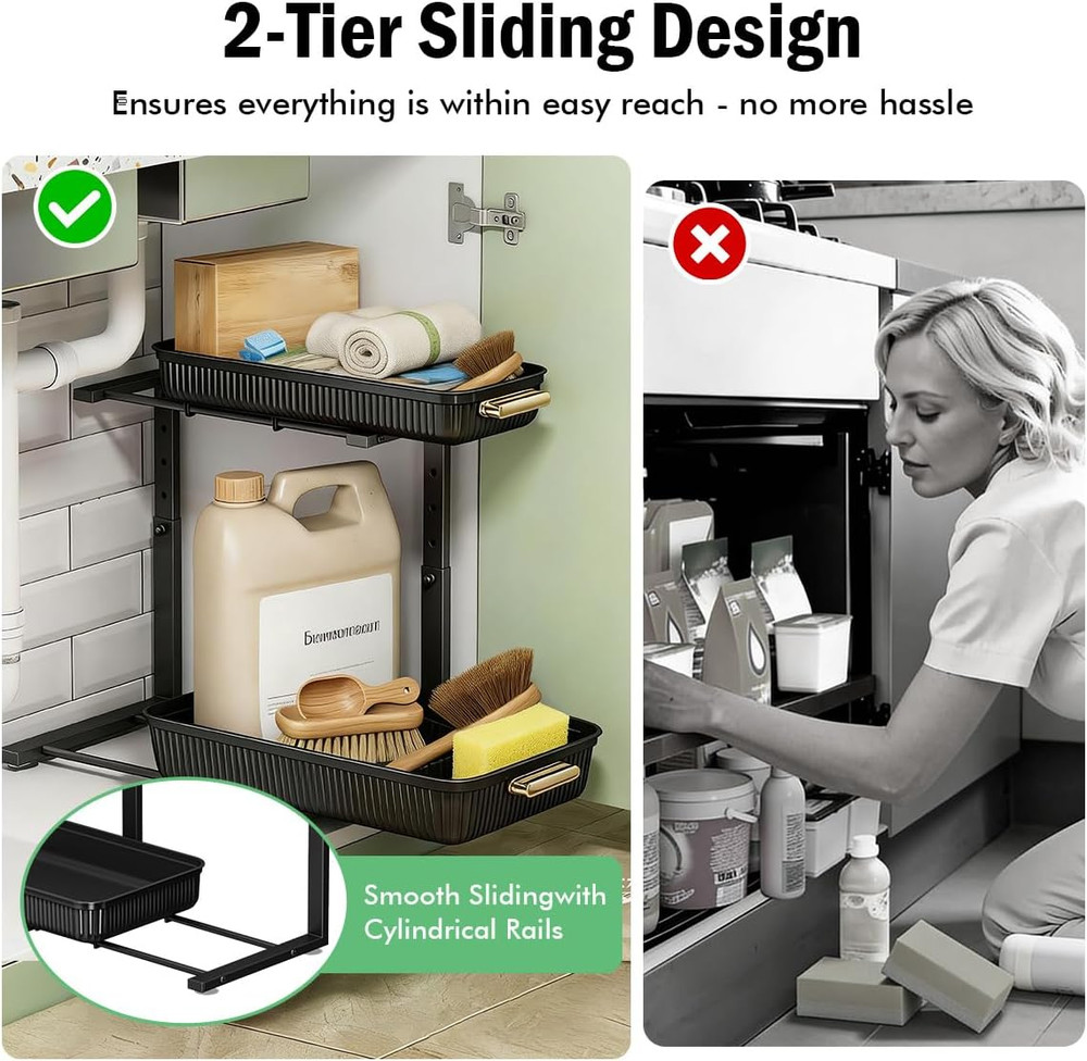Under Sink Organizer - 2 Packs Multi-Purpose Pull-Out Storage Organizers, Slide