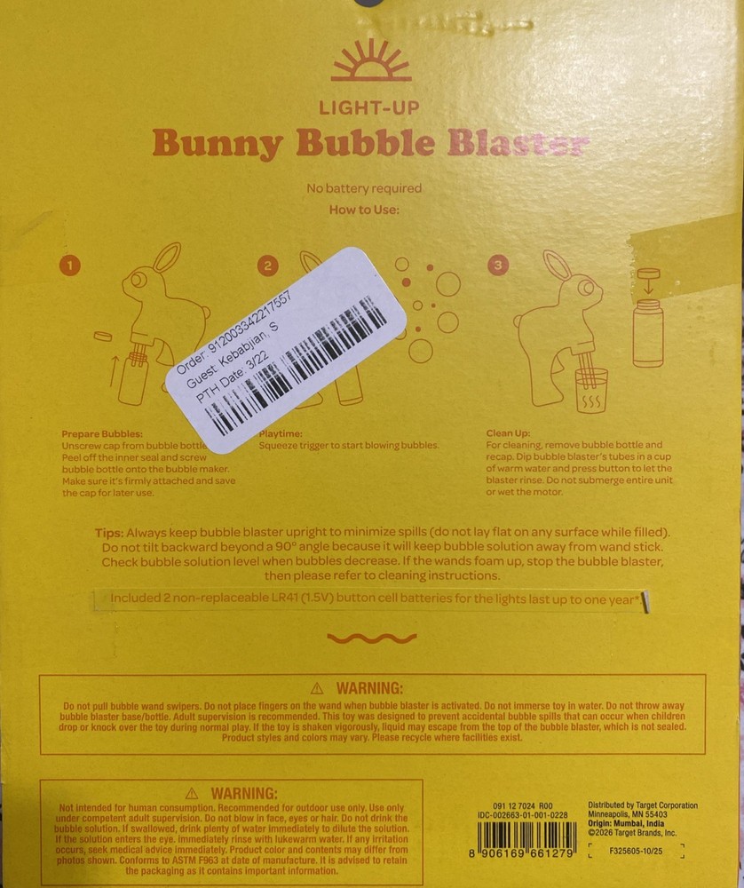 Light Up, Bunny Bubble Blaster By Sun Squad. Bubble Solution Included. ￼