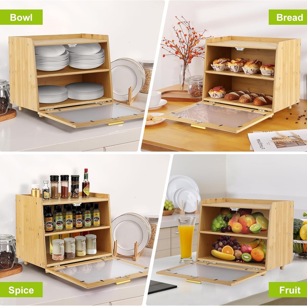 Double Layer Large Bread Box Bread Storage Container with Window Bread Holder