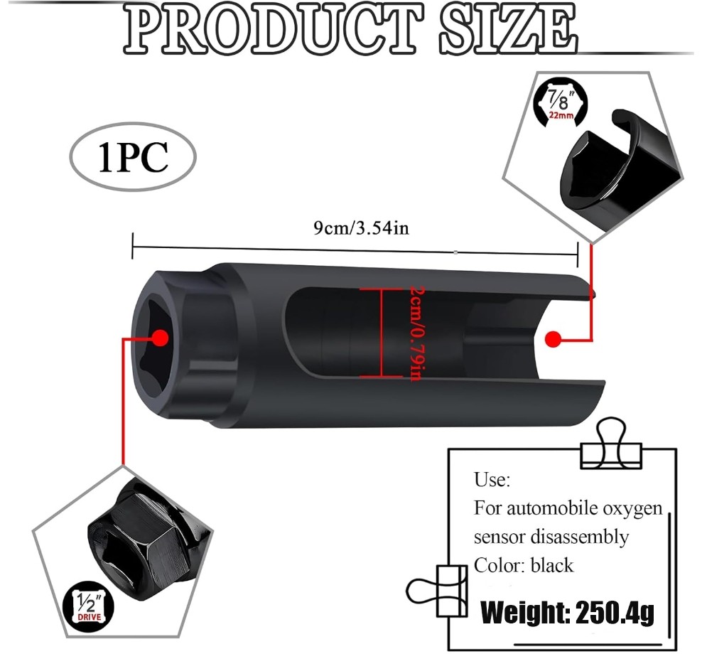 Oxygen Sensor Socket 7/8'' (22mm) 6-Point O2 Sensor Socket Wrench Removal Instal