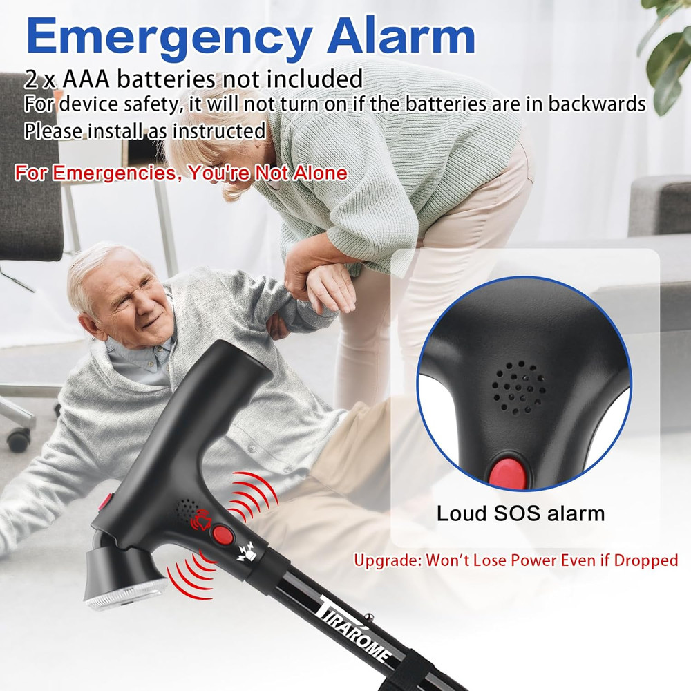 Adjustable 3-in-1 Folding Walking Cane with Alarm, Light & Second Handle