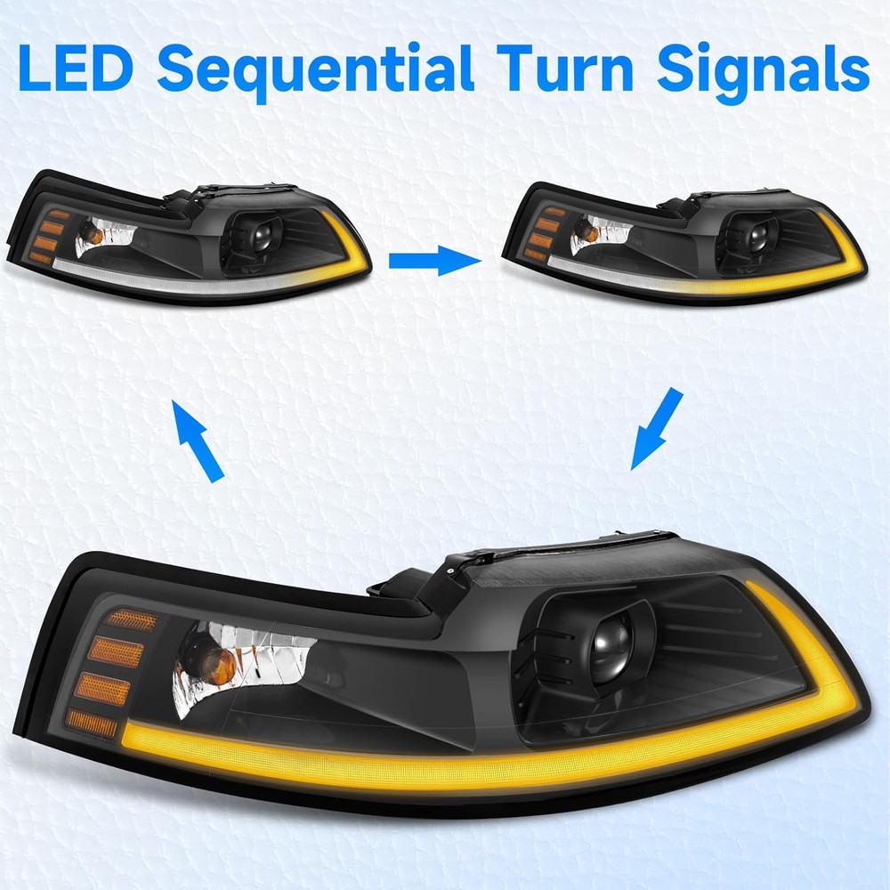 LED DRL SEQ Headlight Assembly Replacement for 1999-2004 Ford Mustang 1999 2000