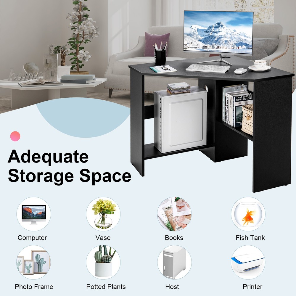 Triangle Writing Workstation Corner Computer Desk w/ Storage Shelf Black
