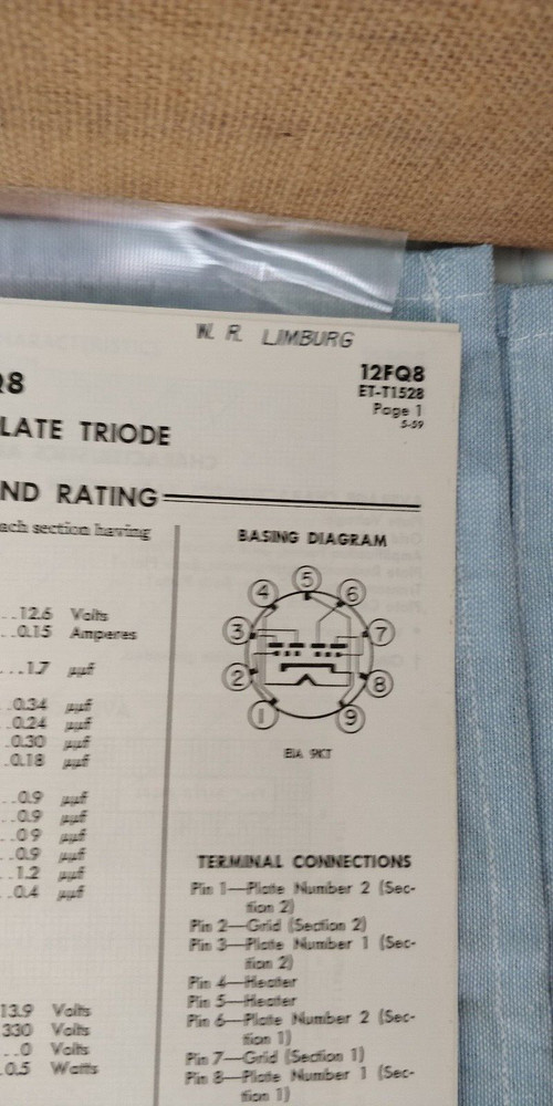 1959 ~ GE ~ Twin Double-Plate Triode 12FQ8 ~ Tech Specs