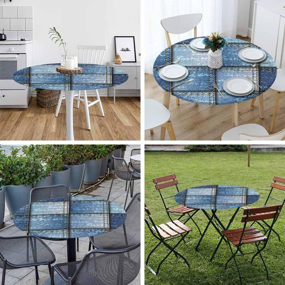 Denim Patchwork Pattern round Blue Toned Shapes Square Waterproof Wipeable Table